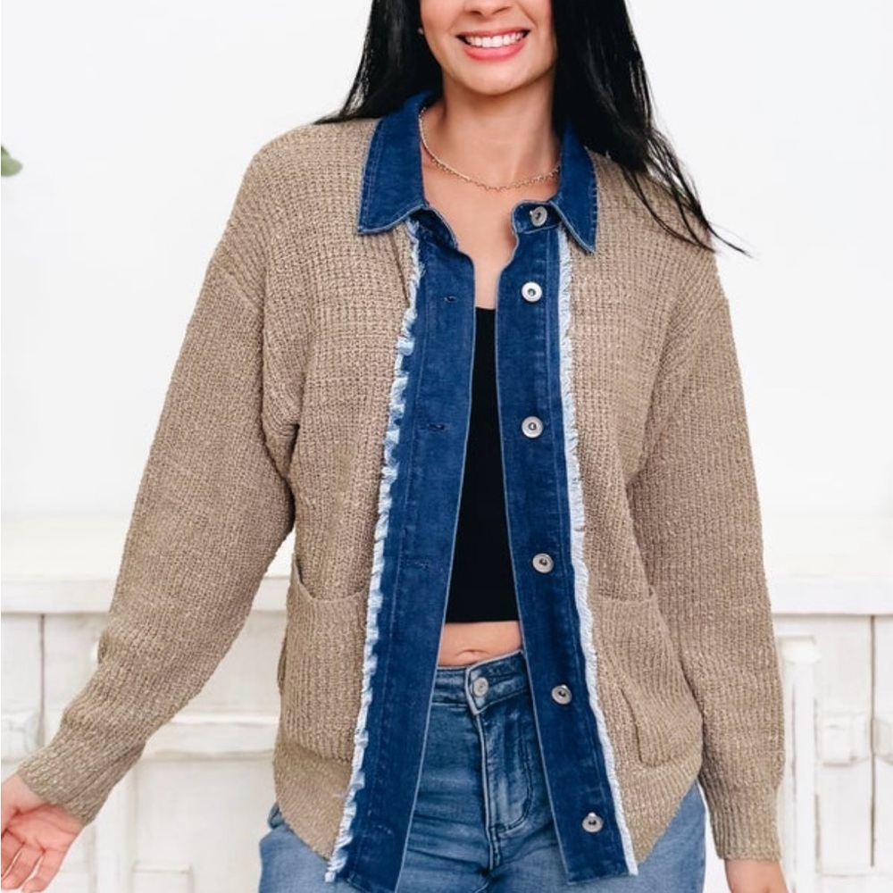 NWOT Sew In Love Tan and Blue Cardigan Sweater - Picture 3 of 5